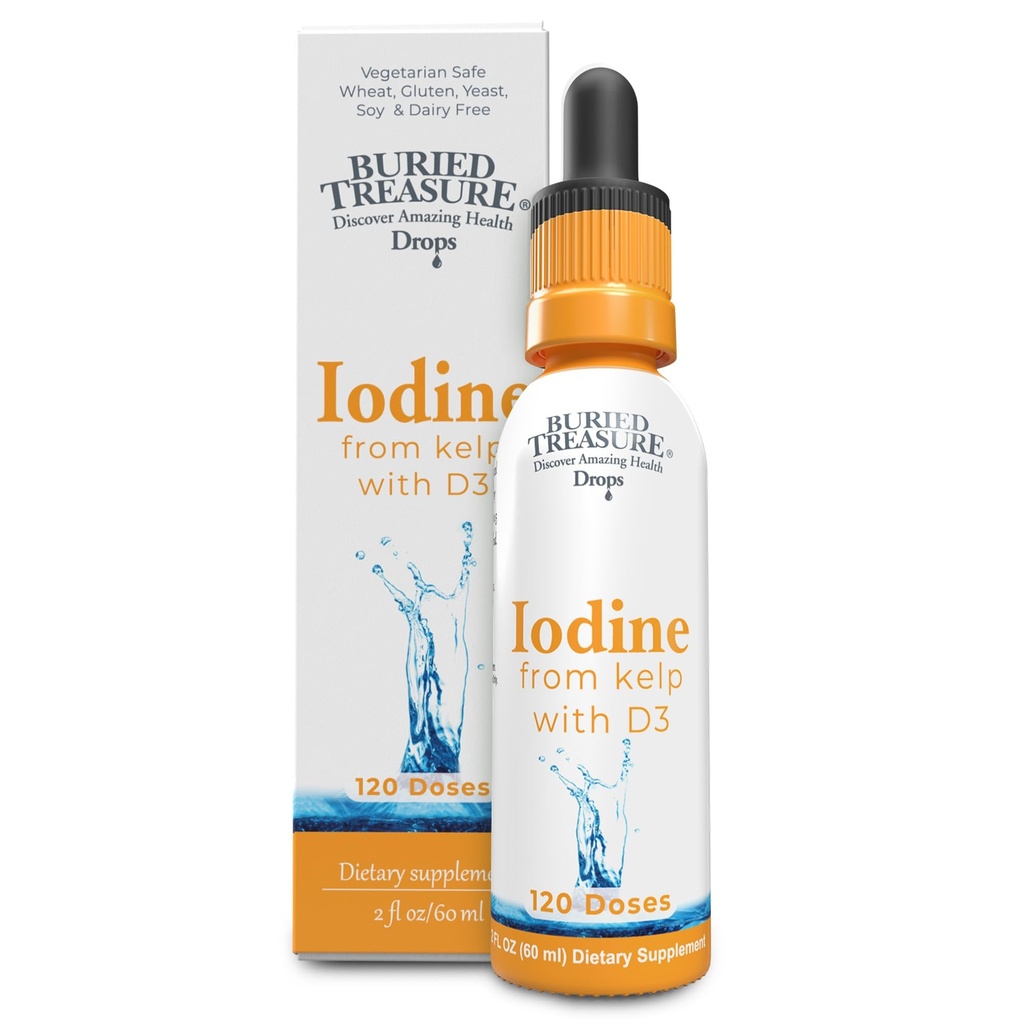 Begravet Treasure Jod Drops fra Kelp - 2% flydende dråber, 120 Servere, 2 fl oz, Natural Thyroid & Immunsupport, Vegan & Non GMO