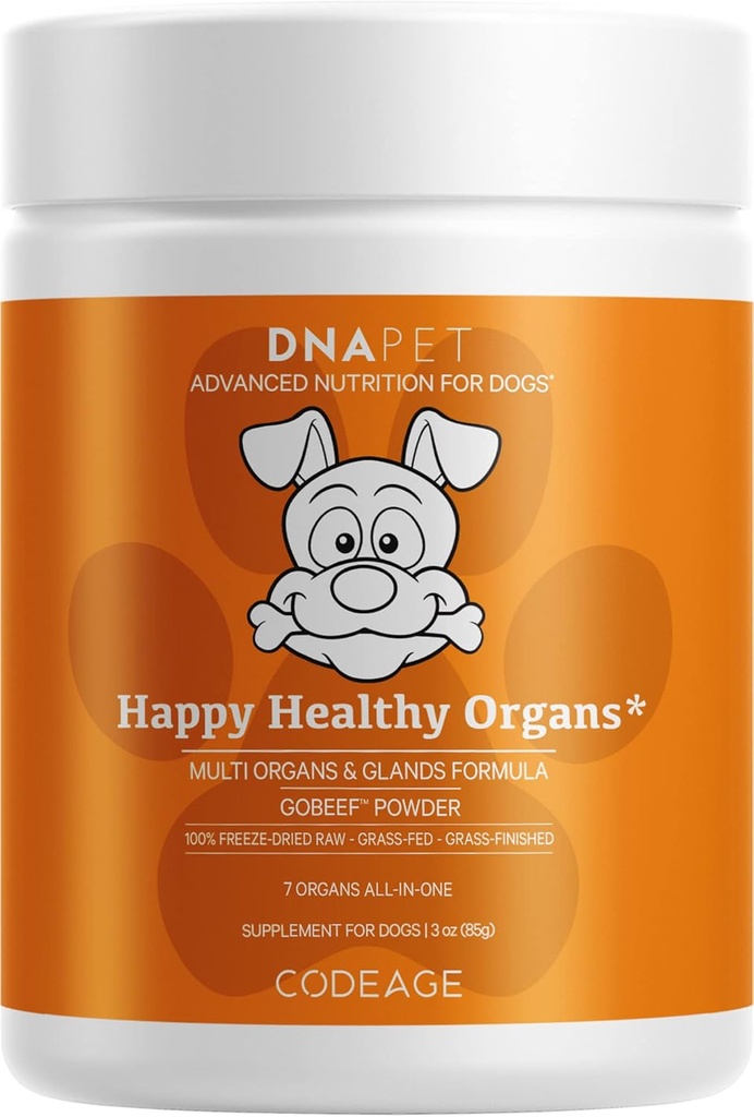 Happy Sund Organs & Glands Supplement for hunde, Freeze- Tørret Raw Grass-Fed Oksekød Lever hjerte Nyre Tunge Pancreas Bone Marrow, Bovine Thymus Multi orgel Powder, Canine Vitaminer, 3 oz