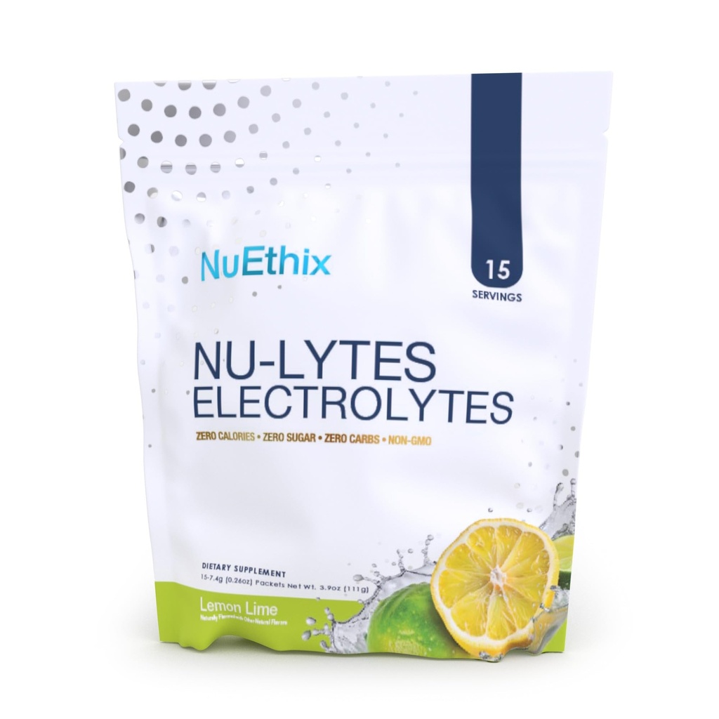 NuEthix Formuleringer NU- LYTES Elektrolyte Hydration Pakker, Zero Kalorier, Zero Sugar, Zero Carbs, Non- GMO, Electrolytes Powder Pakker, Glycogen Replenishing, 15 Serveringer (Lemon Lime)