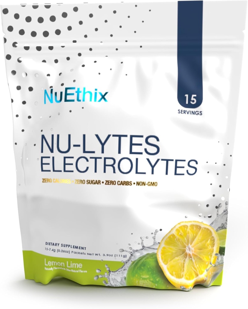 NuEthix Formuleringer NU- LYTES Elektrolyte Hydration Pakker, Zero Kalorier, Zero Sugar, Zero Carbs, Non- GMO, Electrolytes Powder Pakker, Glycogen Replenishing, 15 Serveringer (Lemon Lime)