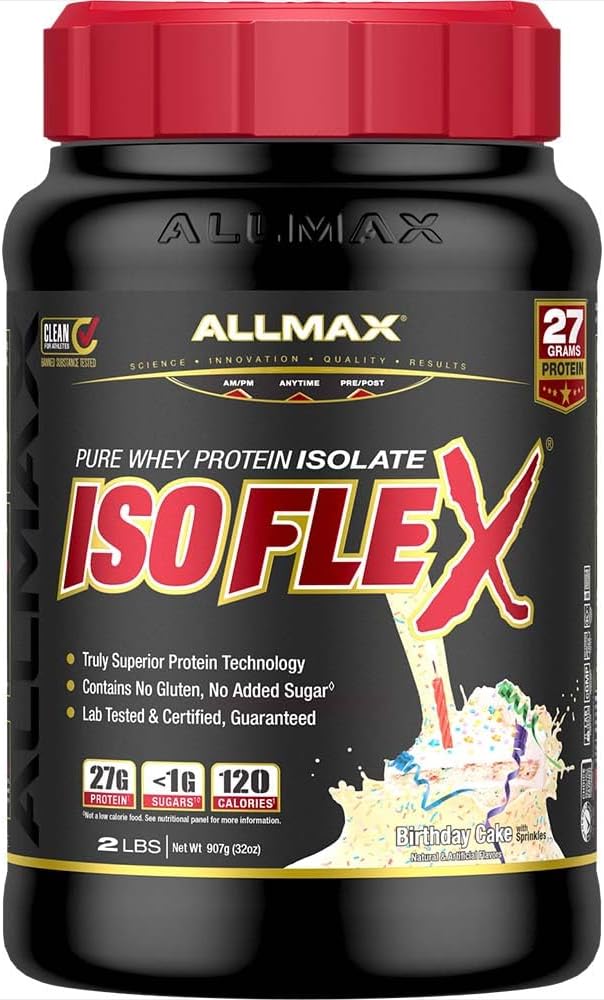 ALLMAX Nutrition - ISOFLEX Whey Protein Powder, Whey Protein Isolate, 27g Protein, Fødselsdagskage, 2 Pund