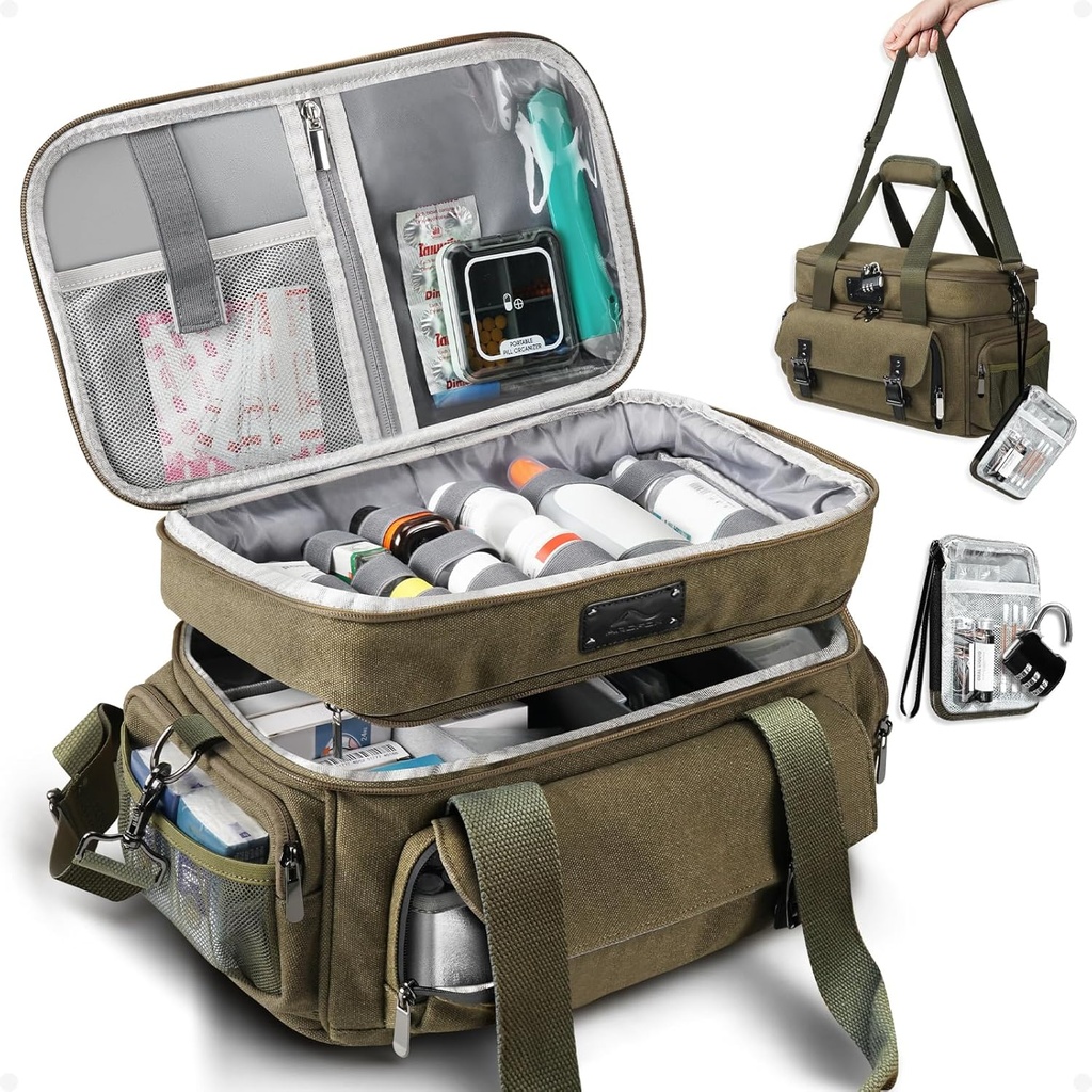 ARCKOX Medicine Storage Bag med lås, Vintage Canvas Stor Pill flaske Organizer til mænd, Double Layer Medicin Opbevaring med transportable Travel Pouch skulderrem Håndtag, Army Green