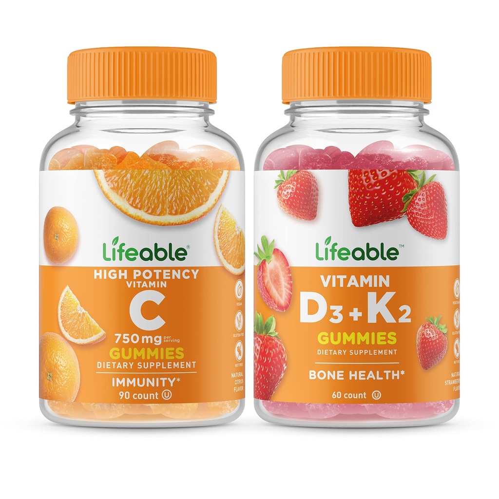 Lifeable Vitamin C 750mg + Vitamin D3 + Vitamin K2, Gummies Bundle - Great Tasting, Vitamin Supplement, Gluten fri, GMO fri, Chewable Gummy