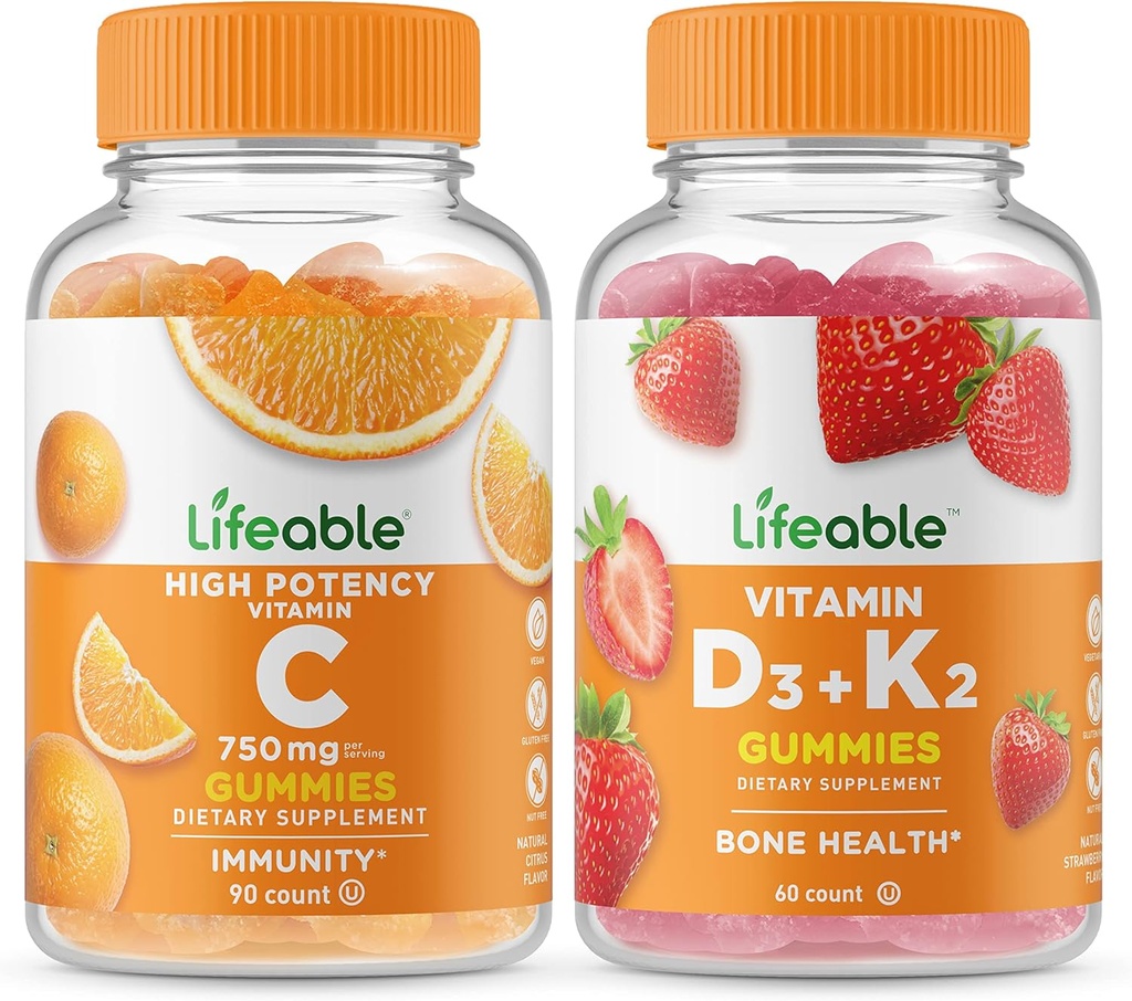 Lifeable Vitamin C 750mg + Vitamin D3 + Vitamin K2, Gummies Bundle - Great Tasting, Vitamin Supplement, Gluten fri, GMO fri, Chewable Gummy