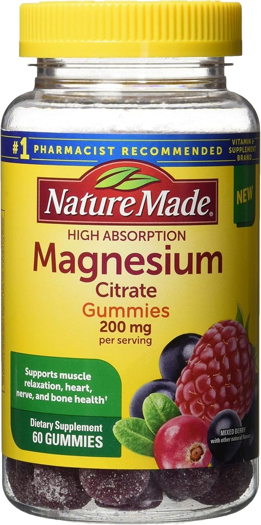 Nature Made High Absorption Magnesium Citrate 200 mg Gummies, 60 greve, blandet berry, 60 greve (pakke med 12)