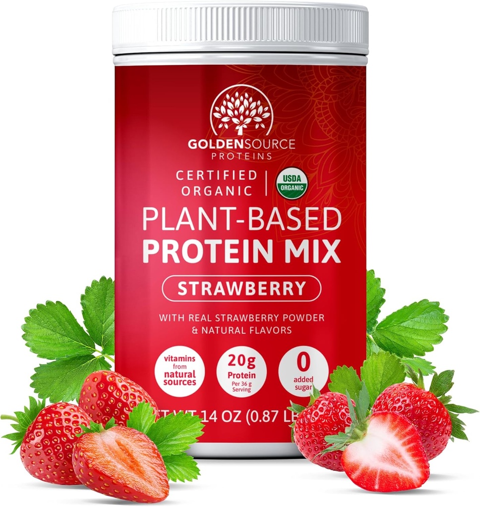 Jordbær - Plantebaseret proteinpulver, proteinmix, proteinpulver med vitaminer og mineraler, 20g protein, & Komplet Aminosyreprofil, Vegansk proteinpulver