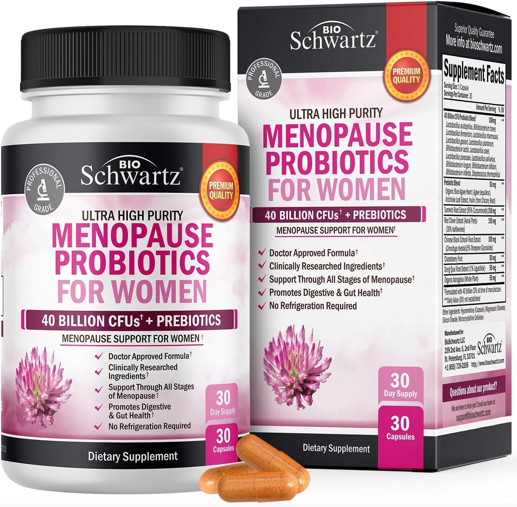 Menopause Kosttilskud til kvinder - 40 milliarder CFU Menopause Probiotika til kvinder - Støtte til Hot Flashs Night Sweats Mood Swings and Balance - Non-GMO, 30 Easy- Swallow Capsules, 30 Servere