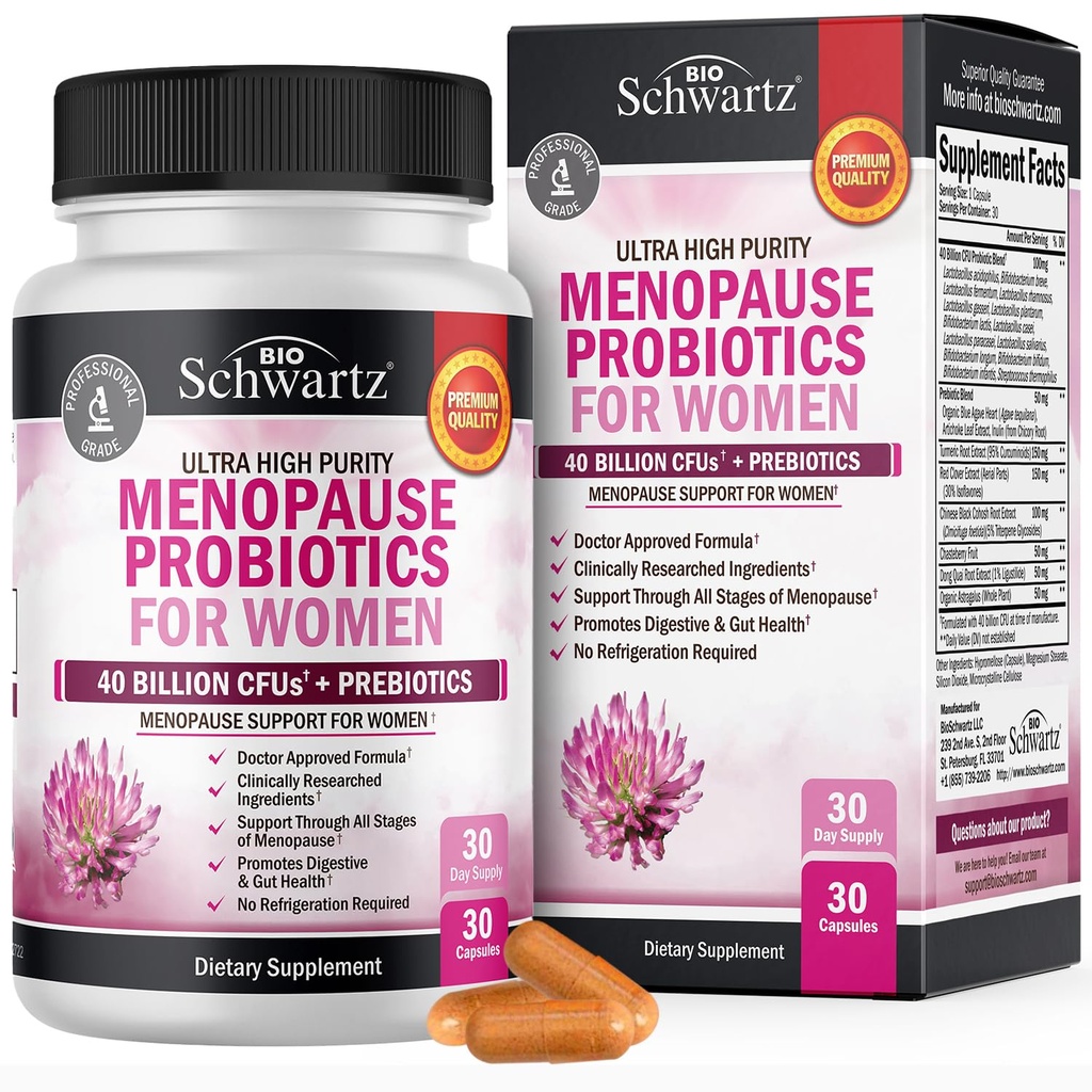 Menopause Kosttilskud til kvinder - 40 milliarder CFU Menopause Probiotika til kvinder - Støtte til Hot Flashs Night Sweats Mood Swings and Balance - Non-GMO, 30 Easy- Swallow Capsules, 30 Servere