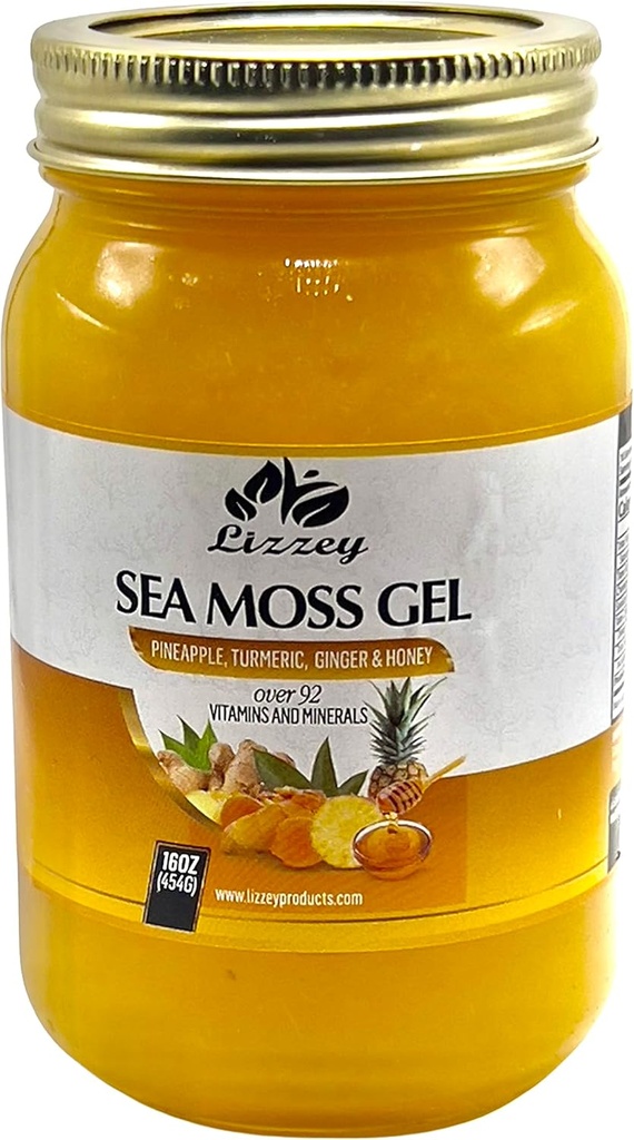 Lizzey 100% Økologisk, Ananasfarvet Sea Moss Gel med gurkemeje & Ginger til immunsundhed og fordøjelsesstøtte, for mænd og kvinder, Alle naturlige superfood supplement