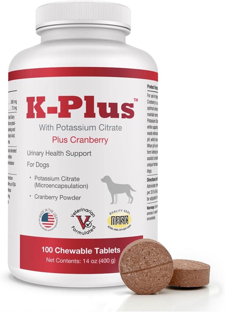 K- Plus Kalium Citrate Plus Cranberry supplement til hunde - UTI Remedy tyggetabletter - Understøtter Brege Sundhed - For hver hund Breed (100 Tabs)