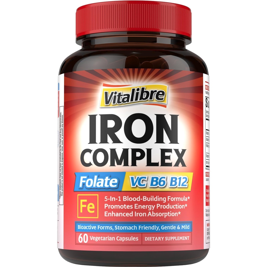 Jerntilskud til kvinder og mænd, med Vitaminer C, B6, B12 & Folate for Iron Dificiency, Blood Building & Energy Support, Mave Friendly, Bedre Absorption, Non- GMO, No Gluten, 60 Vegan Caps