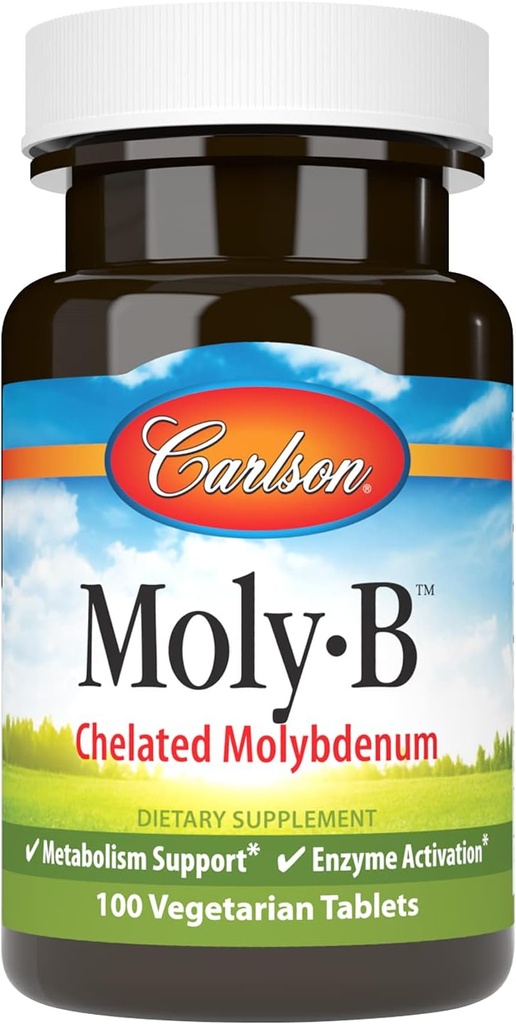 Carlson - Moly- B, Chelated Molybdæn, Metabolisme Support, Enzyme Aktivering, 100 Vegetariske tabletter