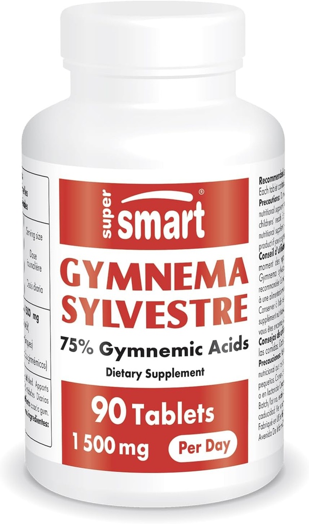 Supersmart - Gymnema Sylvestre 1500 mg per dag (høj styrke) - 75% Gymnemisyre Supplement 124; Non- GMO & Gluten Free - 90 tabletter
