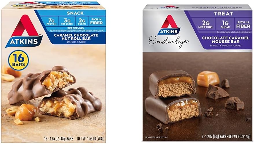 Atkins Caramel Chocolate Nut Roll Snack Bar, Protein Snack, High in Fiber, 2g Sugar, 16 Count & Endulge Chocolate Caramel Mousse Bar, Dessert Favorite, 1g Sugar, High in Fiber, 5 Count