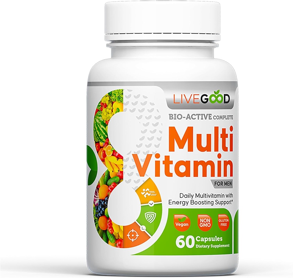 LiveGood ™ Mænds Bio- Active Complete Multivitamin, Dagligt tillæg med vitamin A, B12, C, E, Lycopene, Vegan, 60 kapsler