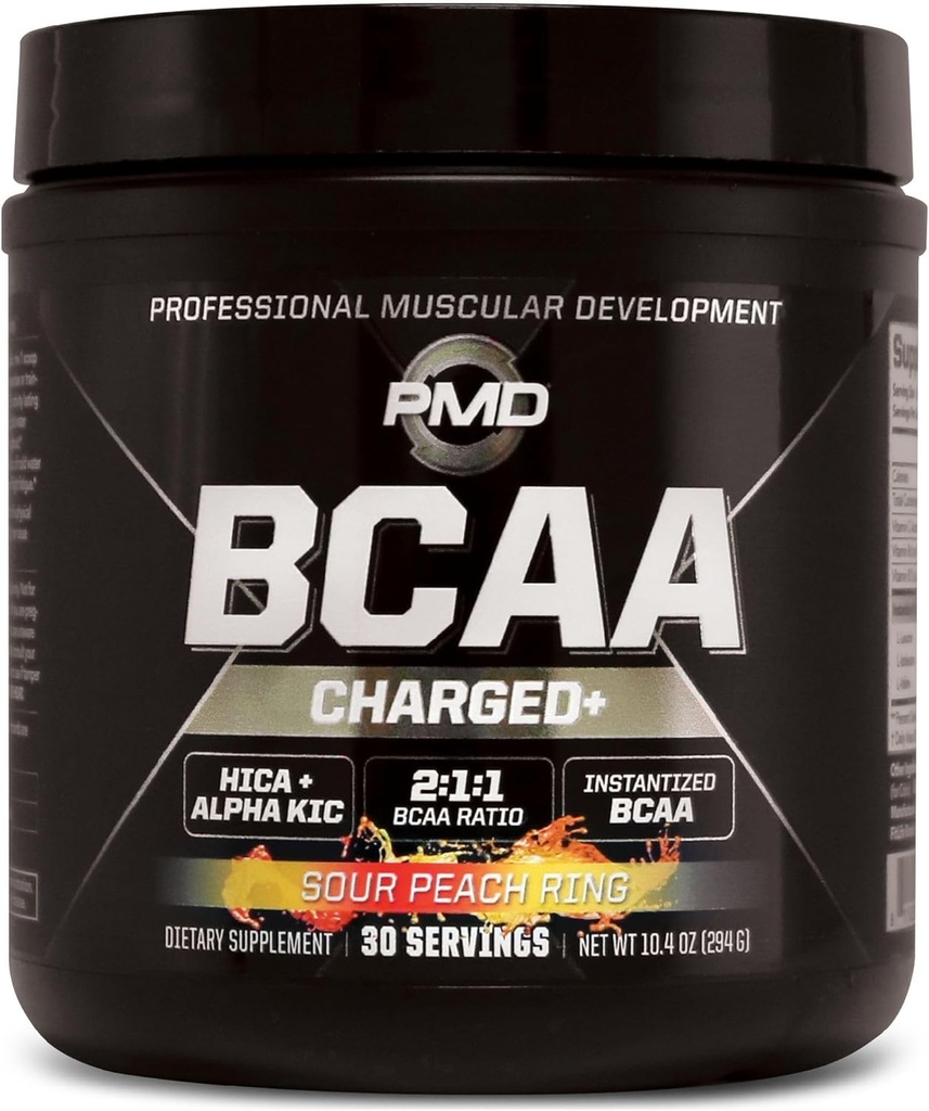 PMD Sports BCAA Charged Delicious Amino Acid Drink Mix for Performance and Recovery - Øg muskel funktion til træning og daglig energi - Sour Peach Ring (30 Servere)
