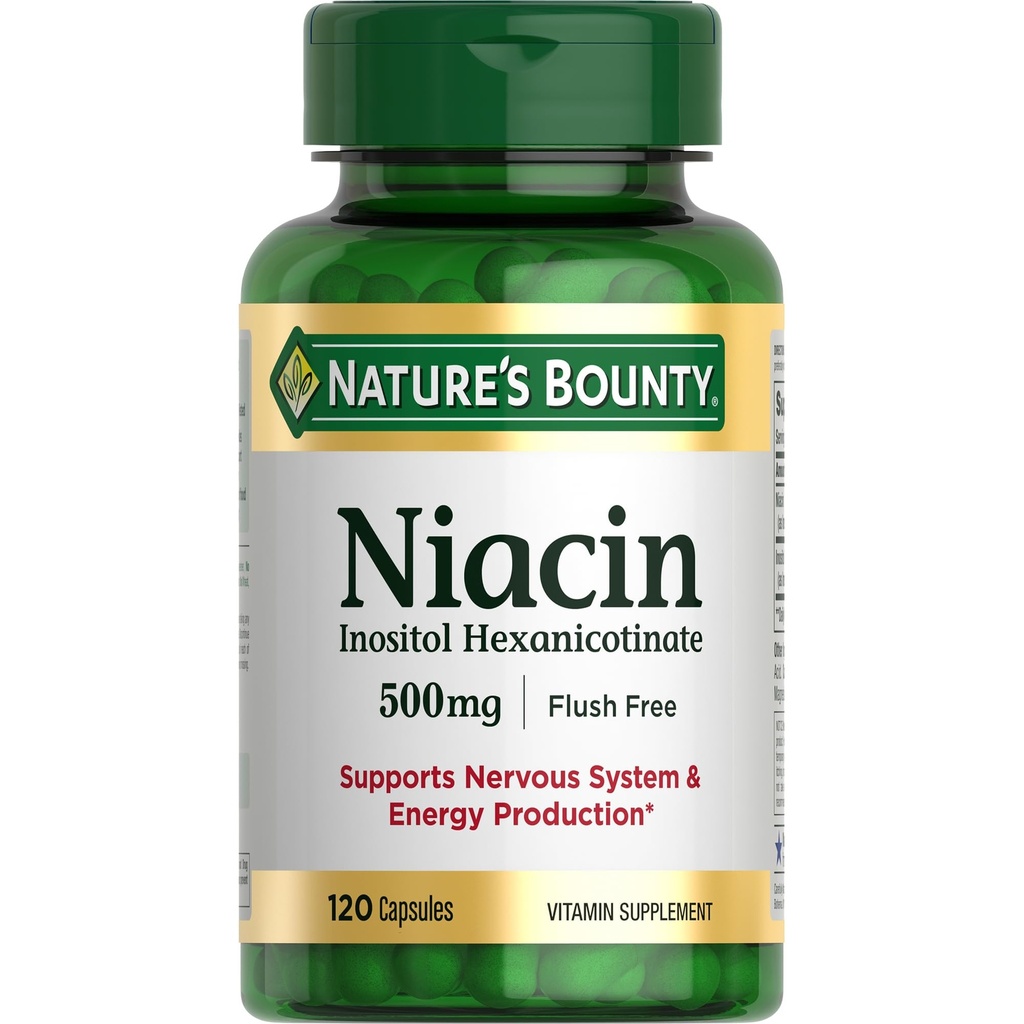 Nature 's Bounty Niacin 500 mg Flush Free, Cellular Energy Support, Understøtter nervesystem sundhed, 120 kapsler
