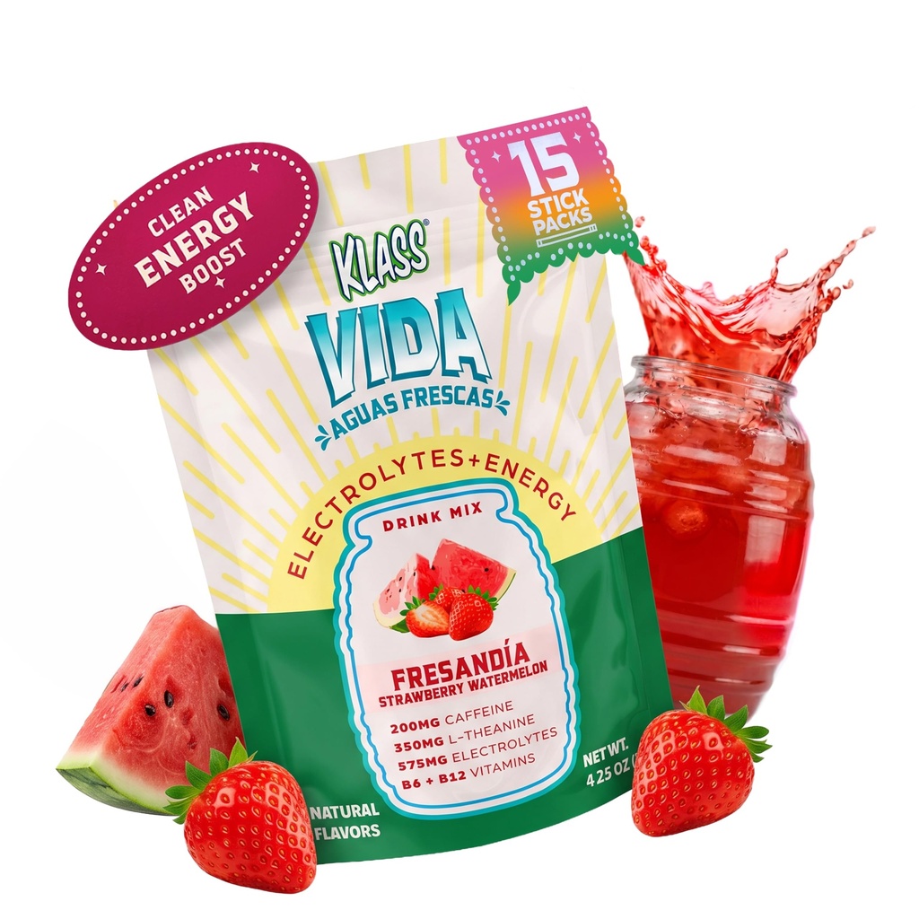 Hydration + Energy Electrolyte Drink Mix - Strawberry Watermelon Agua Fresca Flavor 124; sukkerfrit pulver med koffein, L- Theanine, kokos vand & mineraler