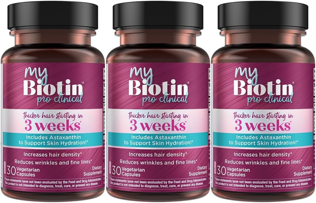 Renhed Produkter MyBiotin ProClinical - Thicker Hår Starter i 3 uger og kampe Rynker - MB40X Patenteret Biotin vitamin B7 Matrix w / Astaxanthin - 40X Mere Opløseligt vs Ordinary Biotin, 90 Veg kapsler