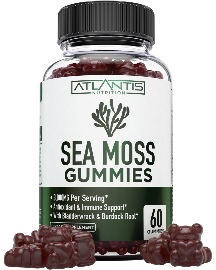 Irish Sea Moss Gummies - 3000MG - Formuleret w / Irish Sea Moss, Bladerwrack & Burdock Root, Contain Essential Vitamin & Mineral - Antioxidant- Rich Superfood supplement, 60 Sea Moss Gummies for voksne