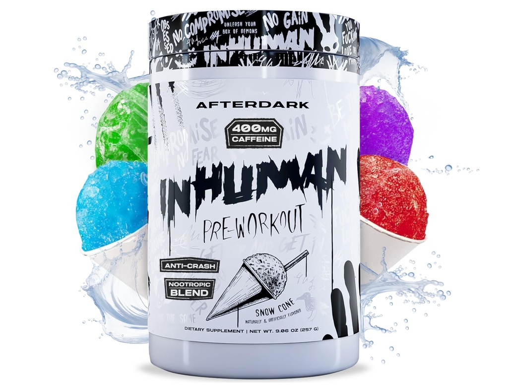 AFTERDARK INHUMAN Pre- Workout Powder, Forbedret Mind- Muscle Connection, Vedvarende energi, Potent Nootrope Blend, Vegan, Gluten- Free, Soy- Free, 400mg Koffein, Ingen Crash, SnowCone