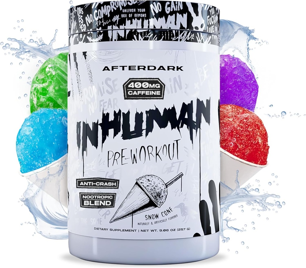 AFTERDARK INHUMAN Pre- Workout Powder, Forbedret Mind- Muscle Connection, Vedvarende energi, Potent Nootrope Blend, Vegan, Gluten- Free, Soy- Free, 400mg Koffein, Ingen Crash, SnowCone