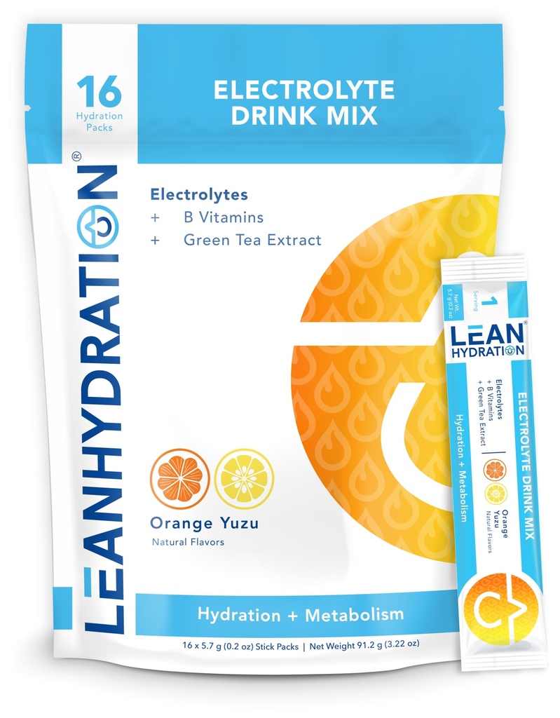 LEAN Hydration Daily Electrolyte Packets Drink Mix 124; Zero Calories, Zero Sugar plus Vitamin, Minerals & More; 16 ct (Orange Yuzu)