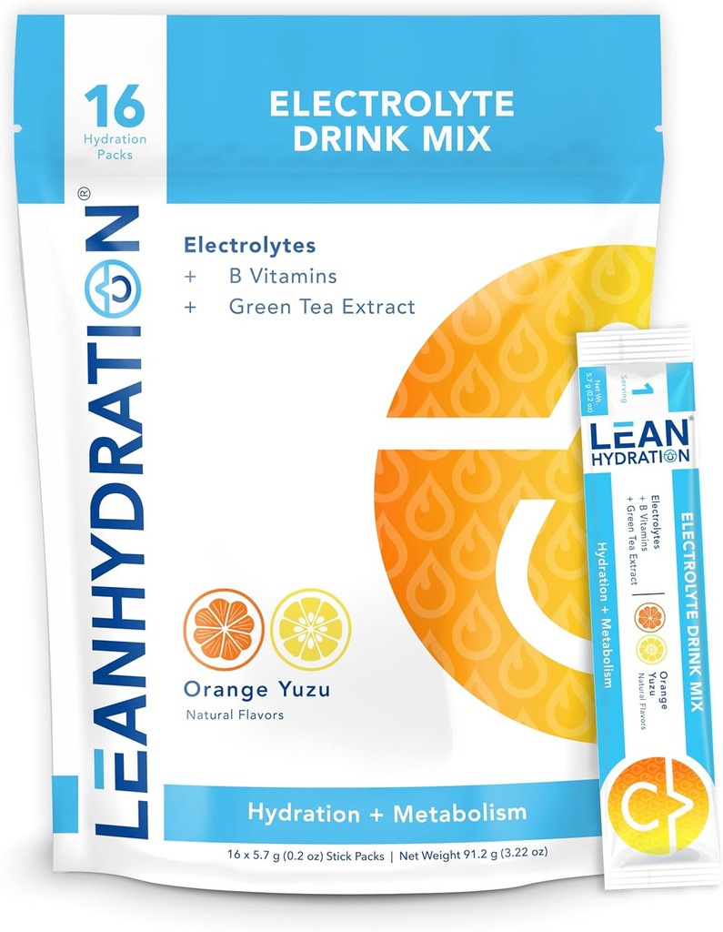 LEAN Hydration Daily Electrolyte Packets Drink Mix 124; Zero Calories, Zero Sugar plus Vitamin, Minerals & More; 16 ct (Orange Yuzu)