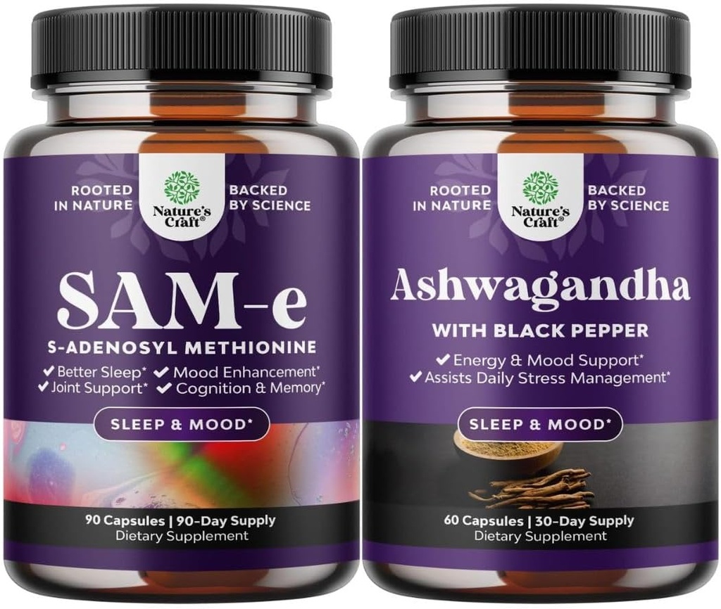 Bundle af Pure SAM- E Nootrop Brain Supplement og Mood Enhancer Organic Ashwagandha Kapsler - Brain Support - Thyroid Energy Focus og Adrenal Support