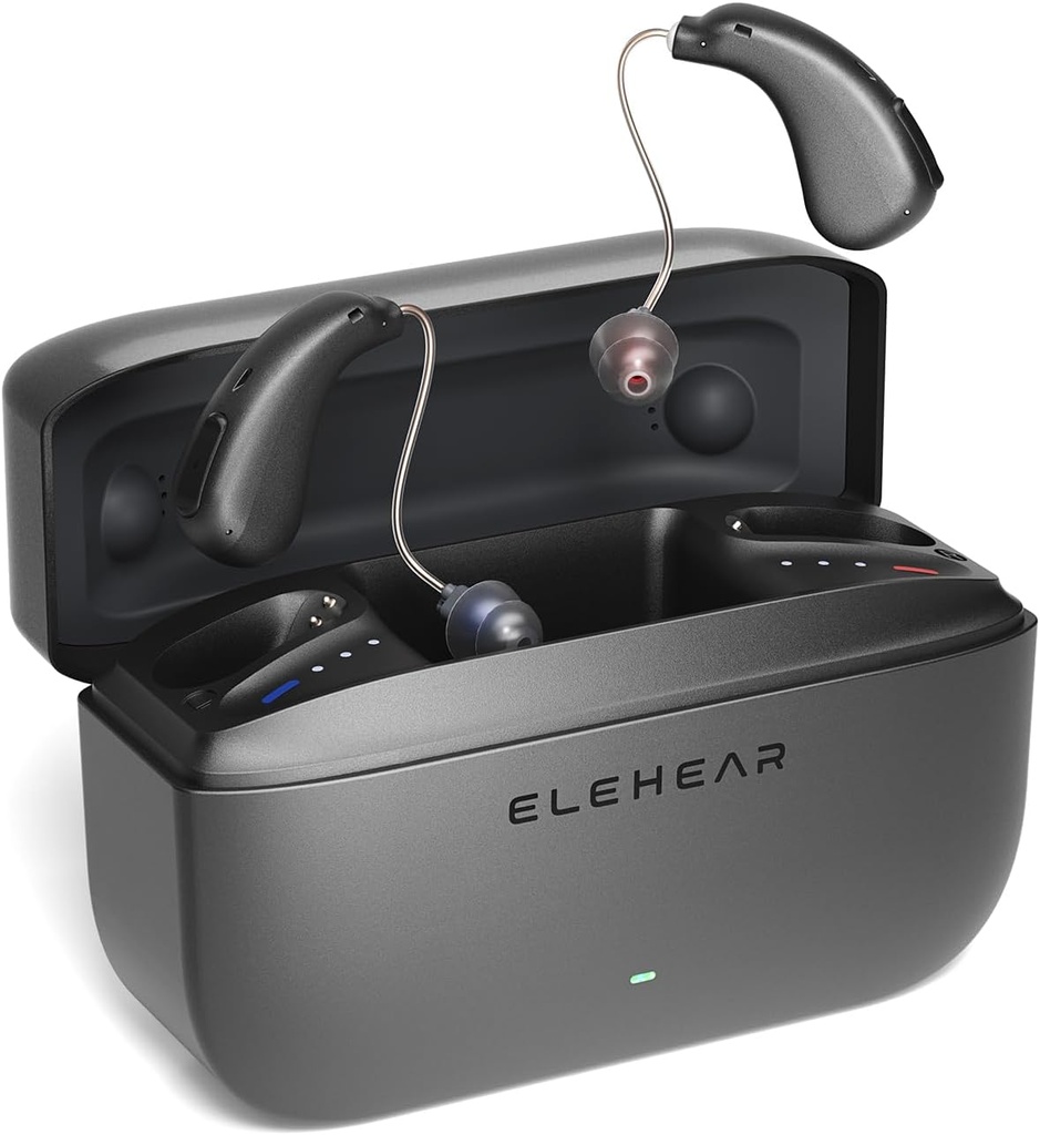 Alpha Hearing Aids, AI Noise Cancellation OTC Hearing Aids for Seniors & Adults, Super Clear Sound, Long-Lasting Battery Operated Rechargeable Hearing Aid, 4 Modes, Metallic Dark Grey