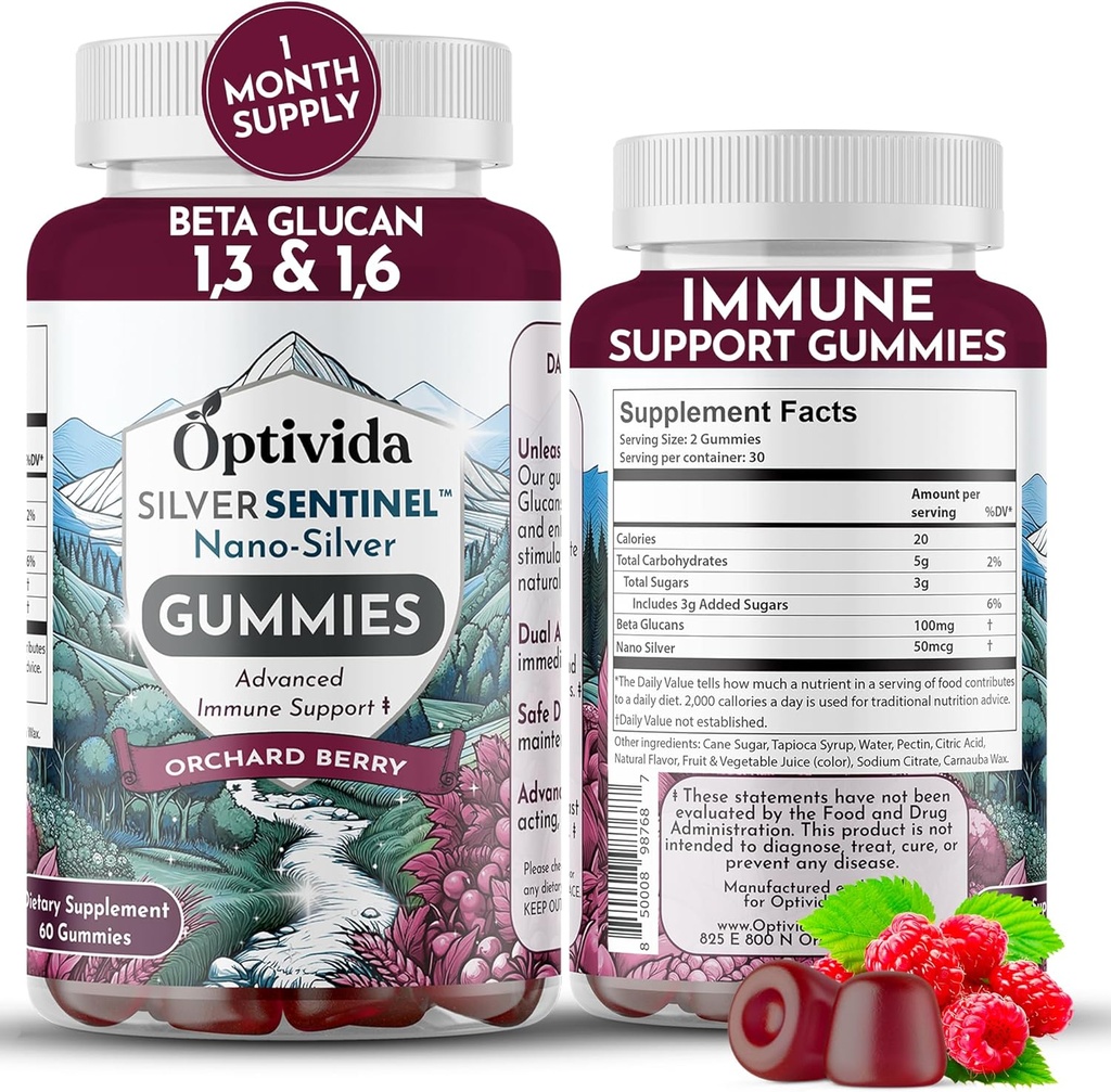 Optivida Nano Sølv immunforsvar Gumier (60 Greve) - Beta glucan Kosttilskud til daglig immunforsvar, Orchard Berry Flavor til immunsundhed, kolloid sølv supplement med Beta glucan 100