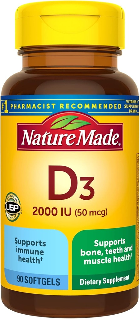 Nature Made Vitamin D3 2000 IE (50 mcg), Vitamin D supplement til ben, tænder, muskel og immunforsvar Support, 90 Softgels, 90 Day Supply