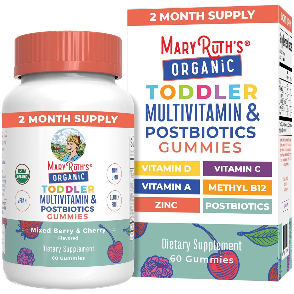 MaryRuth Organics Toddler Multivitamin Gummies + Postbiologics Б124; USDA Organical Б124; Vitaminer til børn i alderen 2 + Б124; Municipality Support Б124; C-vitamin-124; D-vitamin-3-124; vitamin-A-124; Zink-124; Vegan-124; Non- GMO-≤ 124; 60 Servering