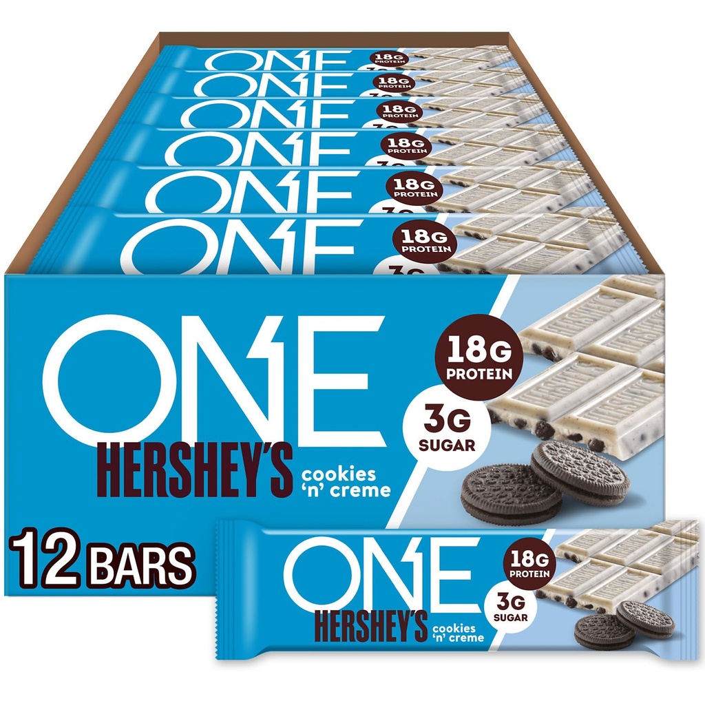 ONE Protein Bars, Hershey 's Cookies' n 'Creme, Gluten Free med 18g Protein og 3g Sukker, Pantry Staples, 2,12 oz (12 Greve)
