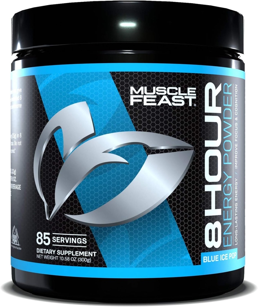 Muskel Feast 8 timers energi Keto- venligt sukker- Gratis Zero Calorie Pre- workout, Blue Ice Pop, 300g