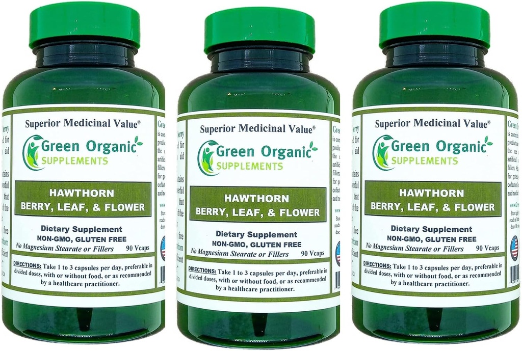 Grøn Økologisk Kosttilskud Hawthorn Berry Kapsler, Leaf, Flower, Hawthorn Kosttilskud Indeholder 90 Kapsler, Natural Hawthorn Urter til Kardiovaskulær Sundhed & Natural Heart Care (pakke med 3)