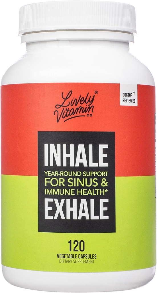 LIVELY VITAMIN CO. Inhale Exhale - hjælper med at berolige allergier - Itchy Watery Eyes - Allergi Symptomer Relief - Nasal Congestion - Klar vejrtrækning - Allergisk reaktion - Hoste - Nysen - 120 Kapsler