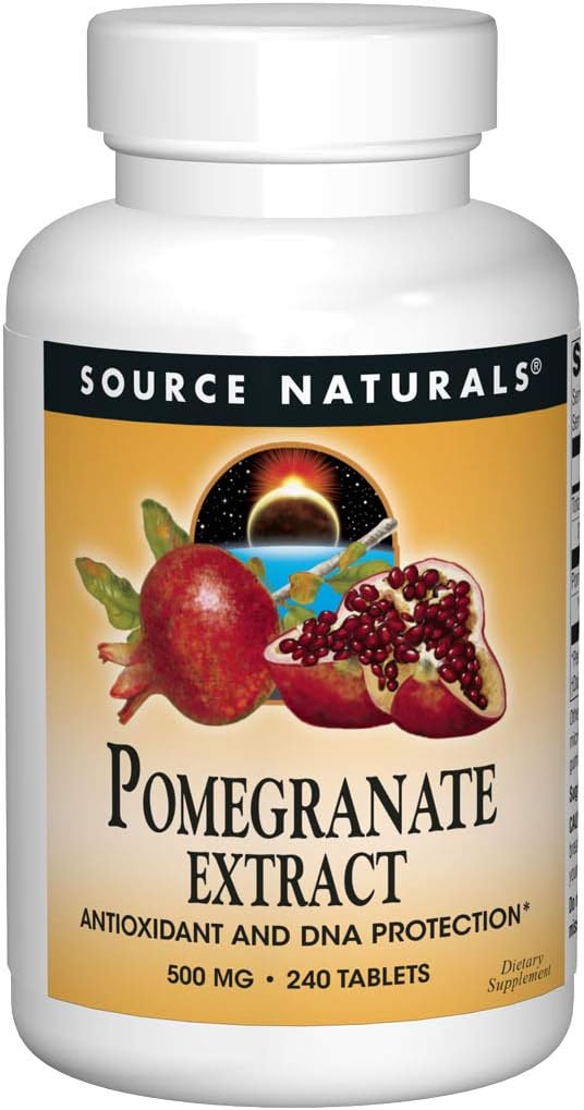 Source Naturals Pomegranate Extract, Antioxidant and DNA Health *, 500 mg * 124; Vegetarisk Friendly Pomegranate Fruit Extract Yielding 400 mg Ellaginsyre & kostfibre - 240 tabletter