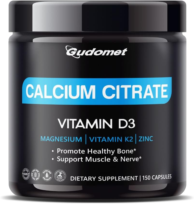 High- Absorption Calciumcitrat med D3- vitamin & K2 - Understøtter Knogler, Muskel & Nerve Sundhed - 150 Kapsler, Made in USA
