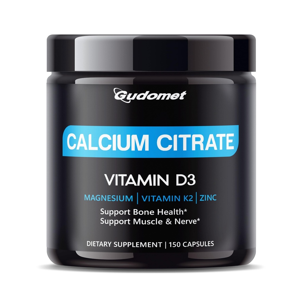 High- Absorption Calciumcitrat med D3- vitamin & K2 - Understøtter Knogler, Muskel & Nerve Sundhed - 150 Kapsler, Made in USA