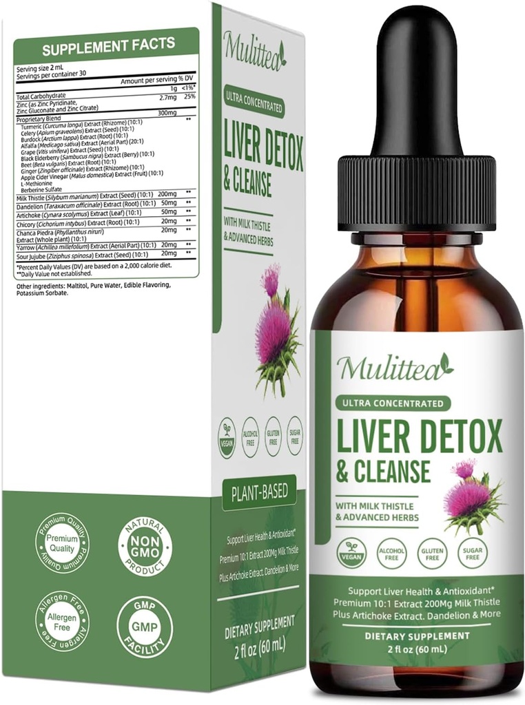 Lever sundhed flydende dråber -Support Lever rense Detox & Reparation med Artichoke Mælk Thistle Silymarin Extract, Mælkebøtte, gurkemeje, Berberine til Renew w / 21 Potent Herb- Nutrients60ml