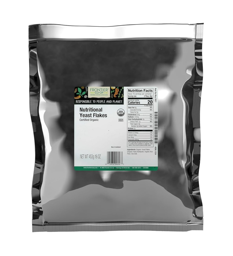 Frontier Co- op Organic Nutritional Gær Flakes, 16 Oz, Bulk Bag - Essential B Vitamin, Ikke-bestrålet, Kosher Gær - Parmesan Ost Substitute
