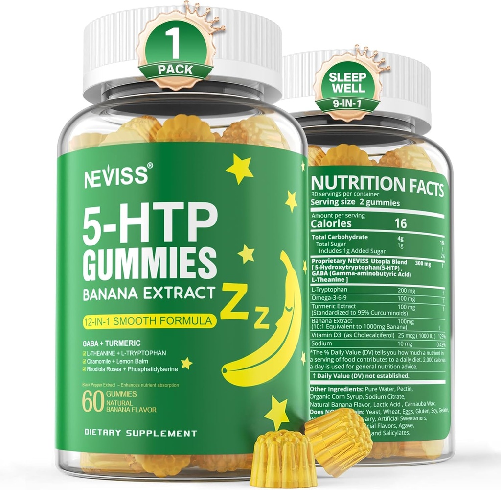 NEVISS 1Pack 5-HTP Gummies + GABA - Melatonin Free - Afslapning Gummies med Banana Extract, L- Theanine, L- Tryptophan, Vitamin D3 for sund hvilecyklus & Circadian Rhythm, Brain Function & Muscle Rhythm