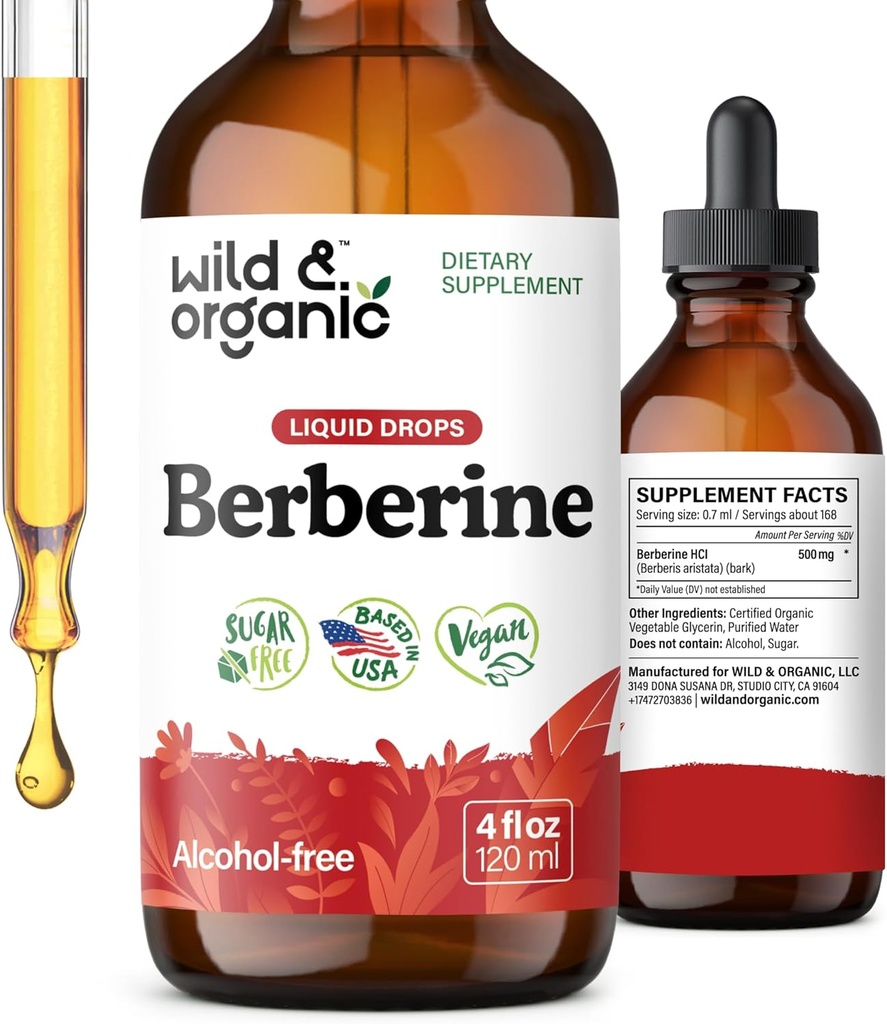 Wild & Organic Berberine Drops 500mg - Flydende Berberine supplement HCL til total support - Pure Extract Tincture - Vegan, Alkohol & Sugar- Free - 4 fl oz