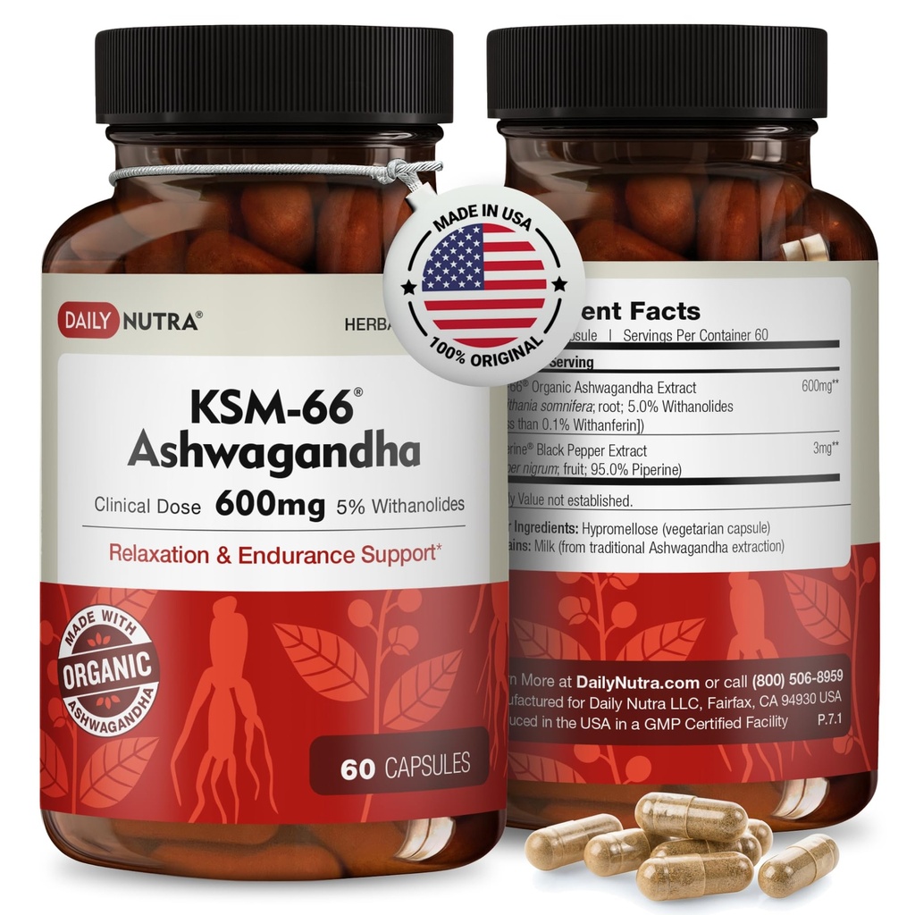 DailyNutra KSM- 66 Ashwagandha 600mg Organic Root Extract - High Potency Supplement med 5% Withanolides ttesmå 124; Relieves Træthed, Understøtter Afslapning, Fokus, Energi, & Muscle Growth (60 kapsler)