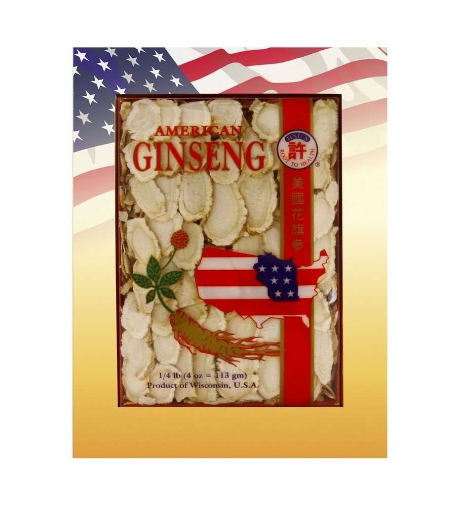 Hsu 's SKU 0126-4 · 124; Dyrket Wisconsin-Grown · 124; Amerikansk Ginseng blandet Large- Medium Slices 0126-4 · 124; 4oz Box