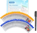 Serfeymi 72 Pcs Pill Pouch poser til rejse Genanvendelige plastposer 3 "x3" 12 mil (dobbeltsidet) Gennemsigtig lynlås Pill Pouches til medicin med Slide Lock & Writable Label, 1x Marker- Blue + Gul