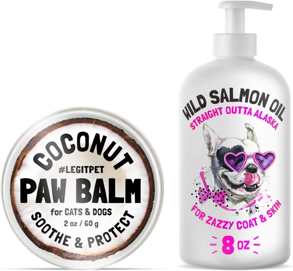 LEGITPET Hund Paw Balm Wax Soother & Moisturizer Cream med Natural Food- Grade Kokosolie, Organic Shea Butter & Beeswax 2 oz og Wild Alaska Salmon Oil til hunde og katte 8 oz Bundle