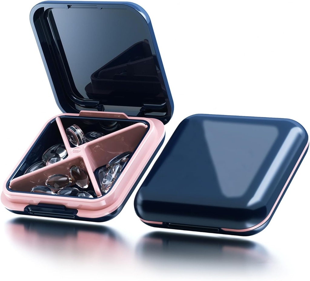 Lille pillekasse Vandtæt rejse pill sag Portable Daily Pill Container Pill Holder Purse 4 Compartments Pocket Compact Medicine Organizer for Vitamin, Fiskeolier, Kosttilskud, Medicin (blå)