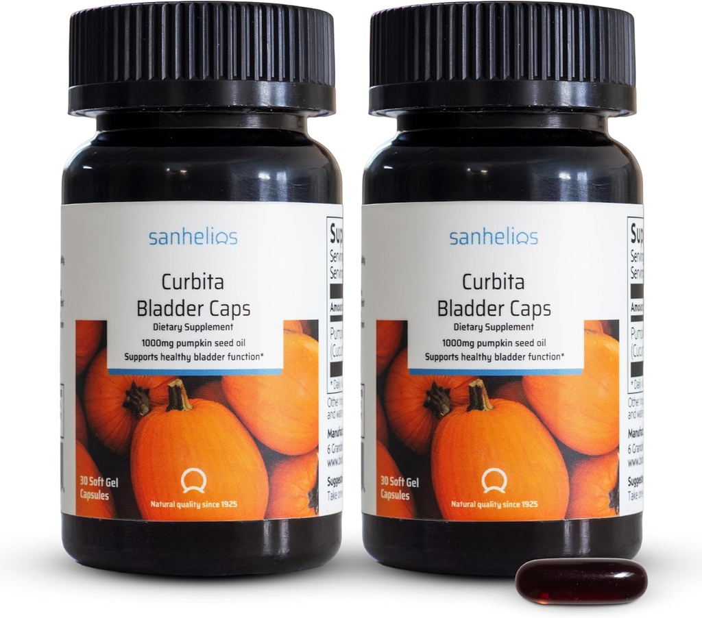 Sanhelios Curbita Bstigen Caps Pumpkin Seed Oil 1.000mg - Sund blænde Funktion Support for Mænd & Kvinder - Non-GMO, Sugar- Free, Preservative- Free, Gluten- Free - 60 Kapsler - 2 Pack